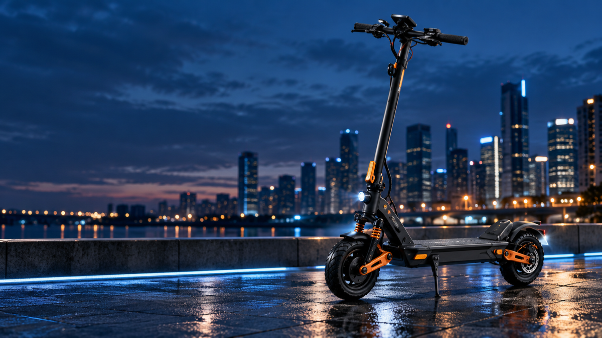 KuKirin E-Scooter in städtischer Umgebung bei Dämmerung