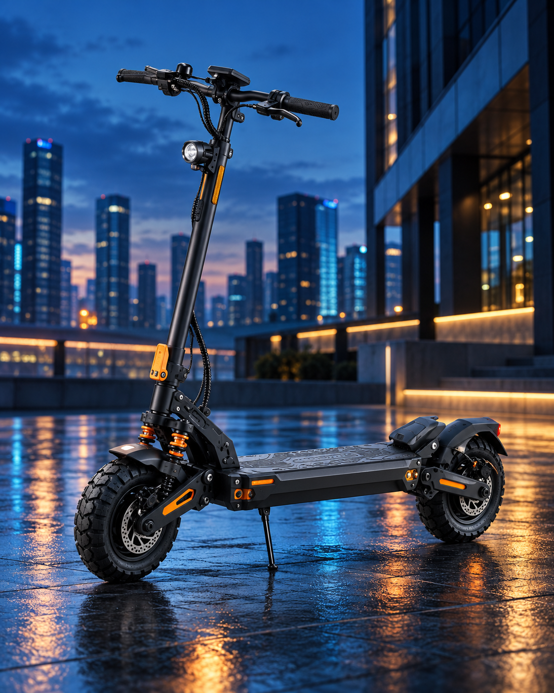 KuKirin E-Scooter in einer vertikalen Aufnahme vor einer Stadtkulisse in der Dämmerung